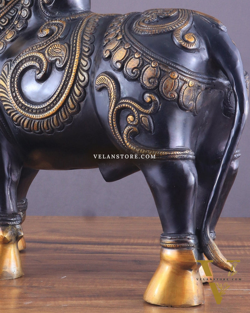 Pure Brass Large Standing Nandi Fully Engraved Sculpture  14" black edition