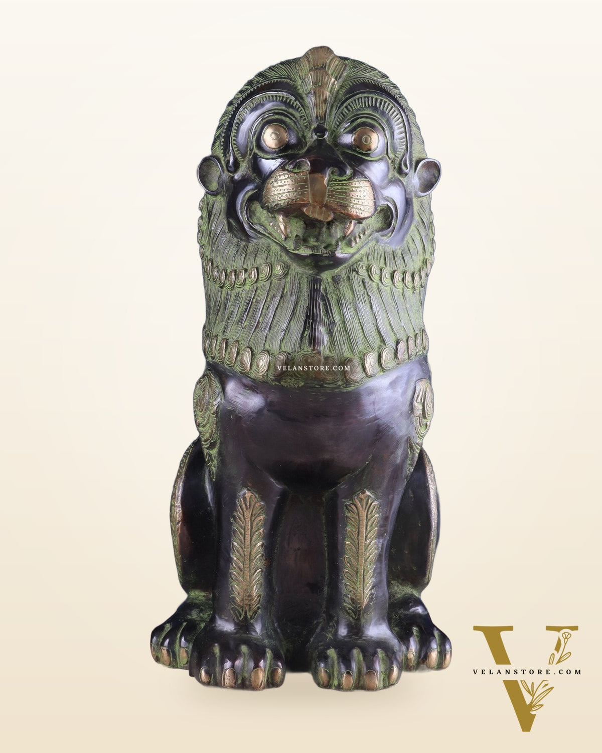 Pure Brass Large Tibetan Lion - Vintage Black-Green Tone, 21 Inches