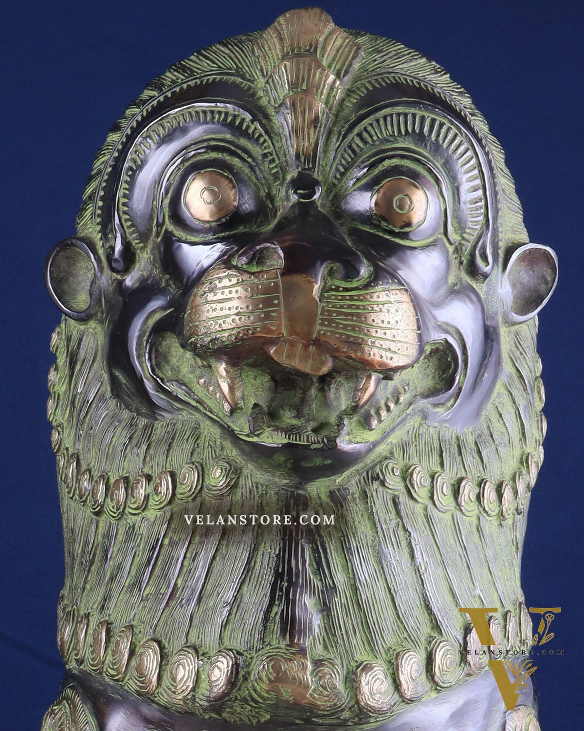 Pure Brass Large Tibetan Lion - Vintage Black-Green Tone, 21 Inches