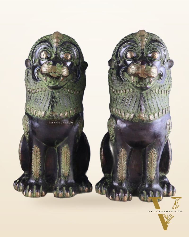 Pure Brass Large Tibetan Lions Pair - Vintage Black-Green Tone, 21 Inches