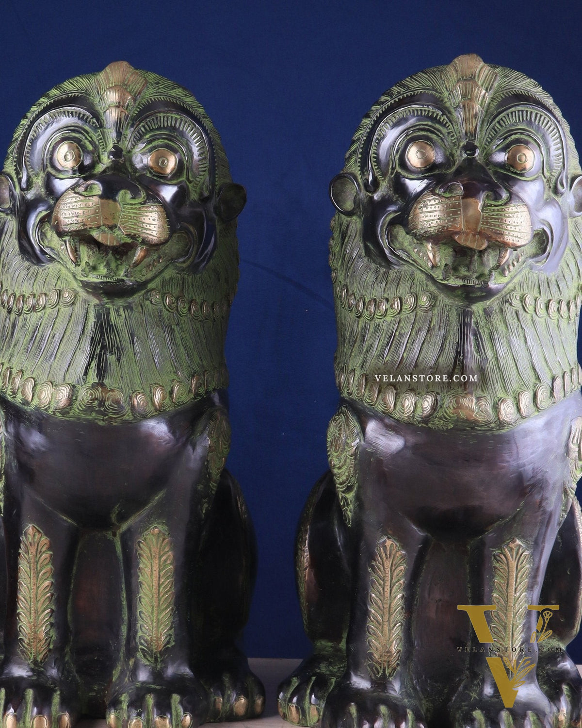 Pure Brass Large Tibetan Lions Pair - Vintage Black-Green Tone, 21 Inches
