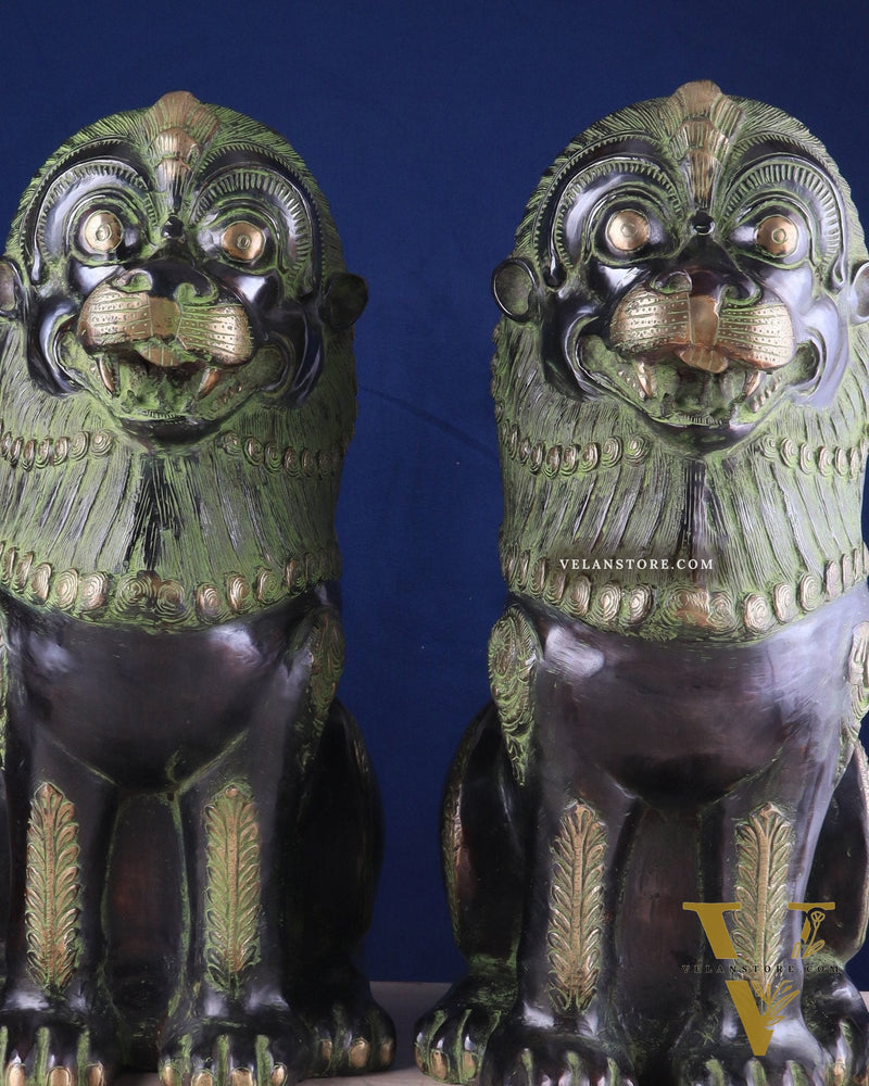 Pure Brass Large Tibetan Lions Pair - Vintage Black-Green Tone, 21 Inches