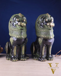 Pure Brass Large Tibetan Lions Pair - Vintage Black-Green Tone, 21 Inches