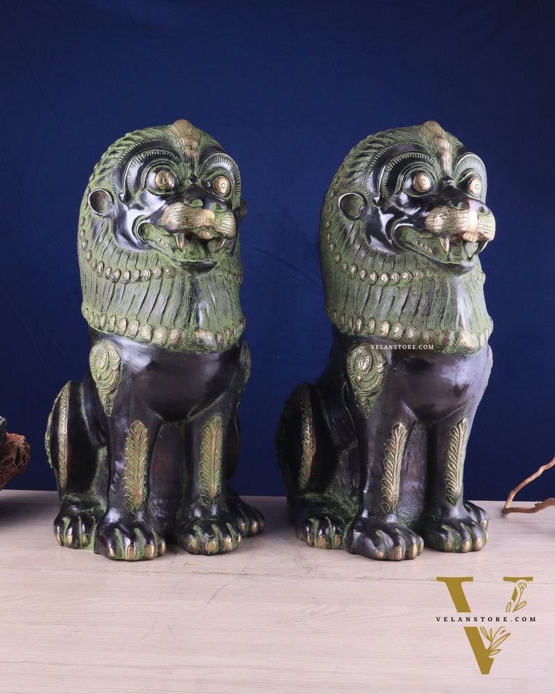 Pure Brass Large Tibetan Lions Pair - Vintage Black-Green Tone, 21 Inches