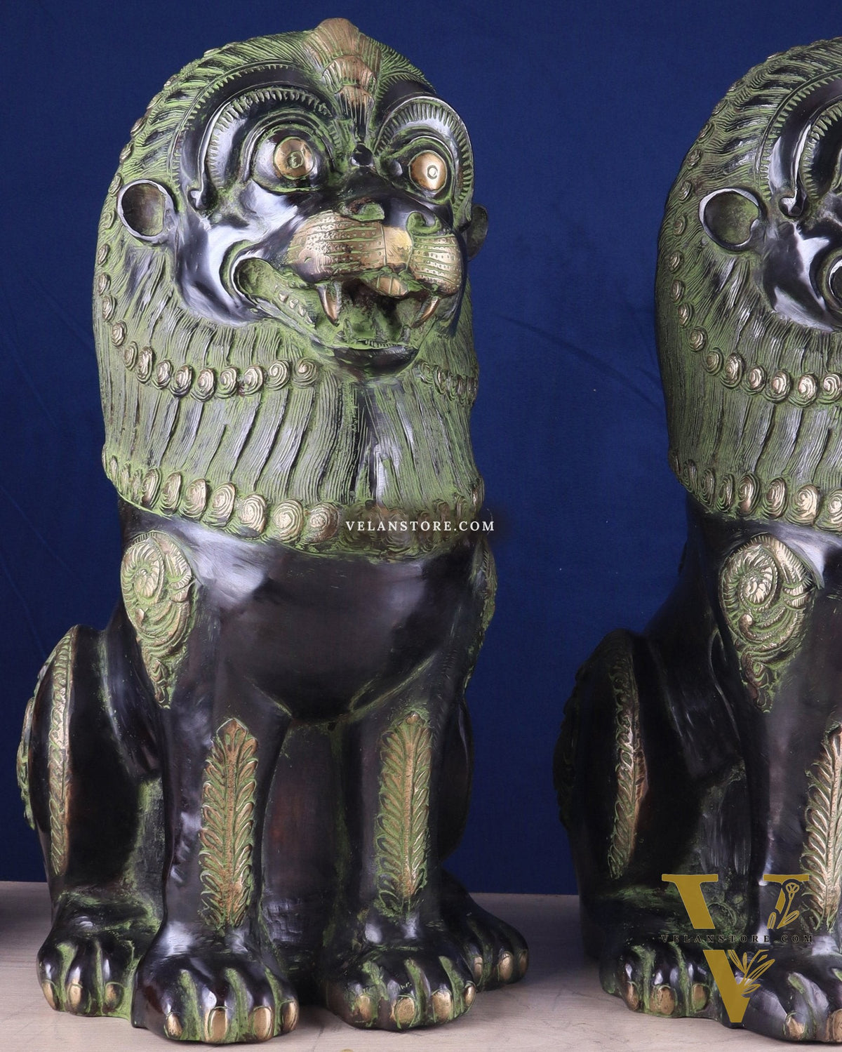 Pure Brass Large Tibetan Lions Pair - Vintage Black-Green Tone, 21 Inches