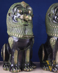 Pure Brass Large Tibetan Lions Pair - Vintage Black-Green Tone, 21 Inches