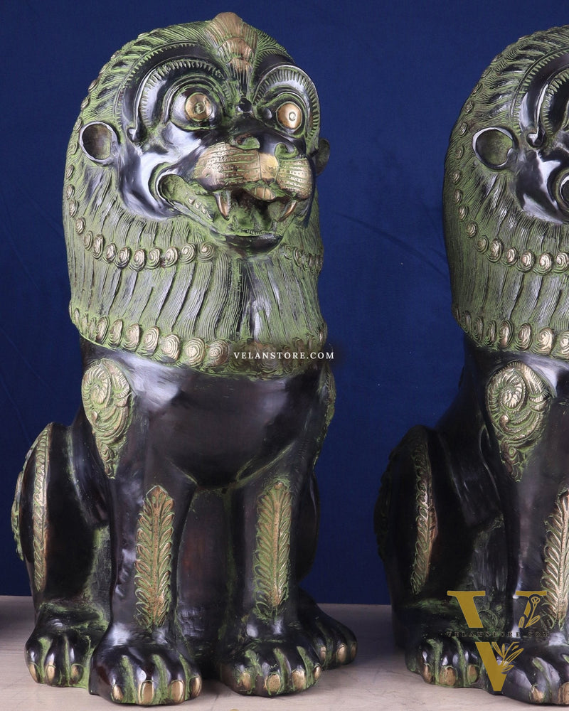 Pure Brass Large Tibetan Lions Pair - Vintage Black-Green Tone, 21 Inches