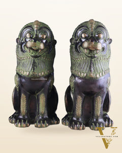 Pure Brass Large Tibetan Lions Pair - Vintage Black-Green Tone, 21 Inches