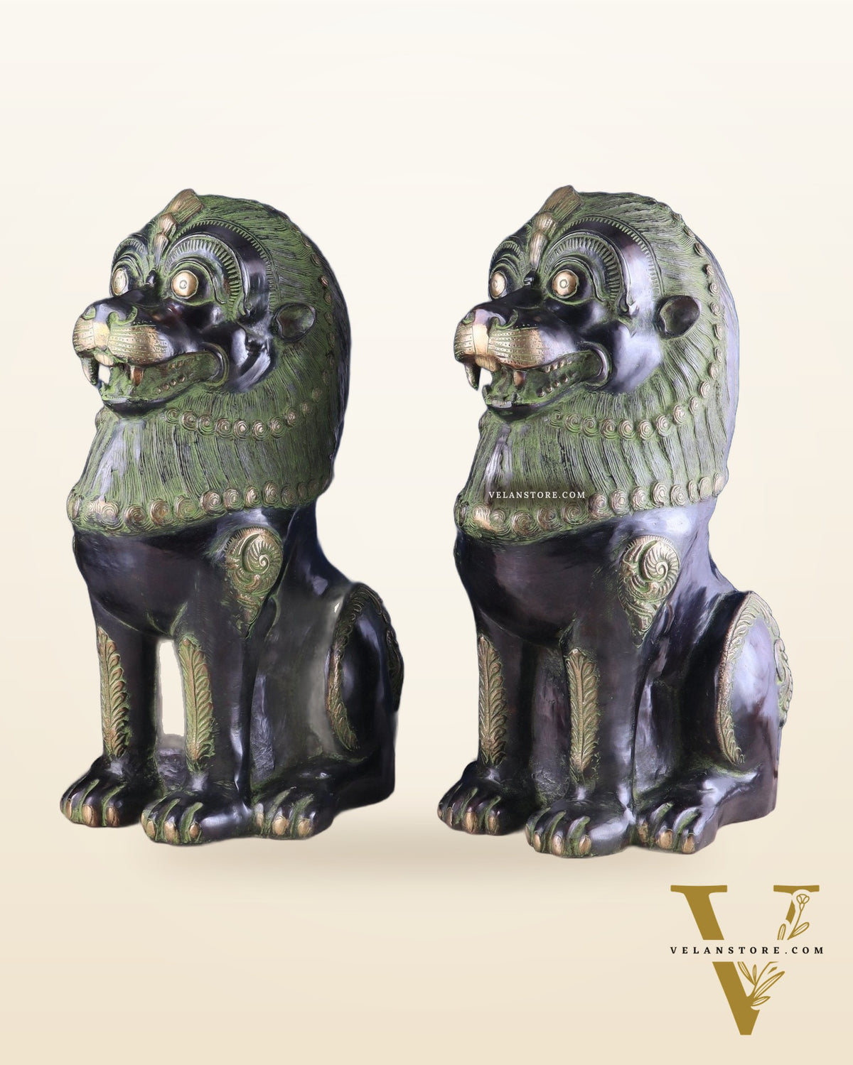 Pure Brass Large Tibetan Lions Pair - Vintage Black-Green Tone, 21 Inches