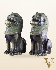 Pure Brass Large Tibetan Lions Pair - Vintage Black-Green Tone, 21 Inches