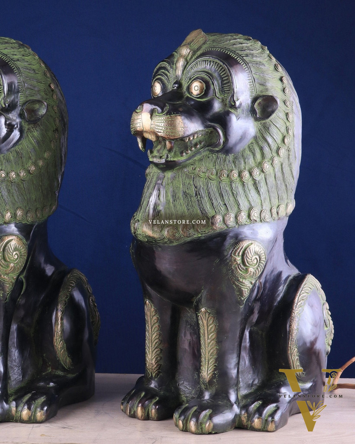 Pure Brass Large Tibetan Lions Pair - Vintage Black-Green Tone, 21 Inches