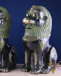 Pure Brass Large Tibetan Lions Pair - Vintage Black-Green Tone, 21 Inches