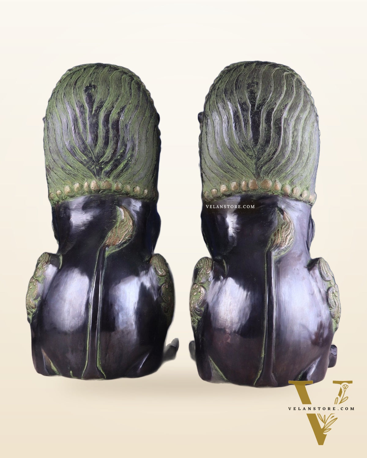 Pure Brass Large Tibetan Lions Pair - Vintage Black-Green Tone, 21 Inches