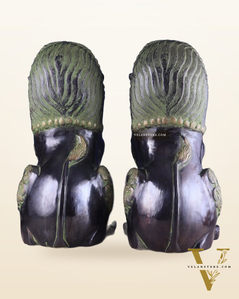Pure Brass Large Tibetan Lions Pair - Vintage Black-Green Tone, 21 Inches