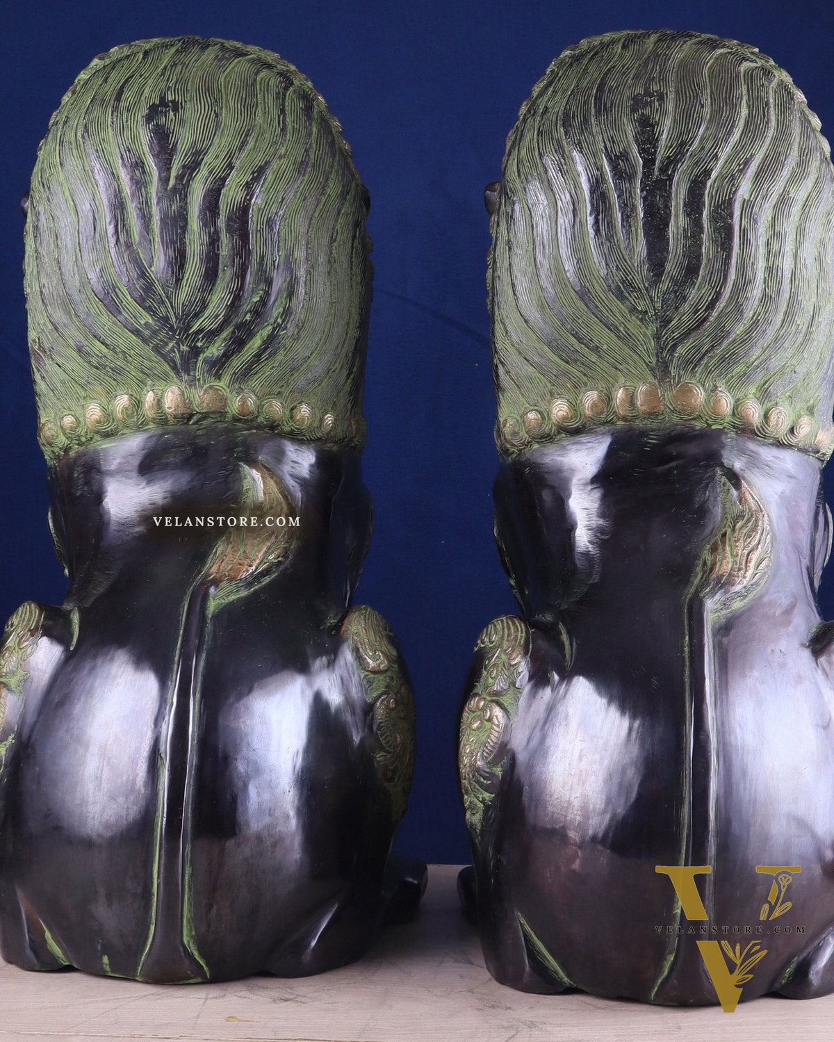 Pure Brass Large Tibetan Lions Pair - Vintage Black-Green Tone, 21 Inches