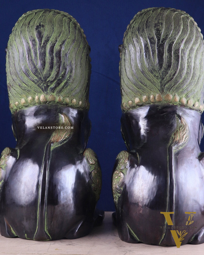 Pure Brass Large Tibetan Lions Pair - Vintage Black-Green Tone, 21 Inches