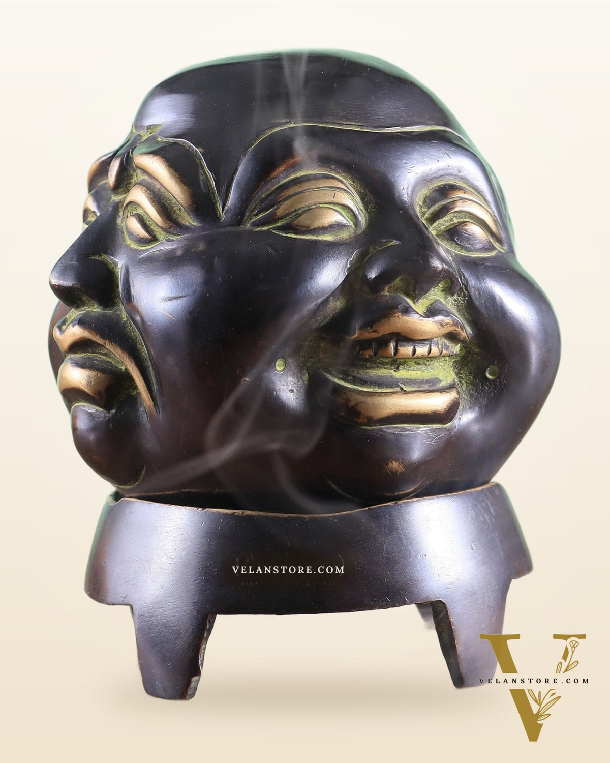 Pure Brass Laughing Buddha Dhoop Burner Showpiece – Antique Black Green Patina 5"