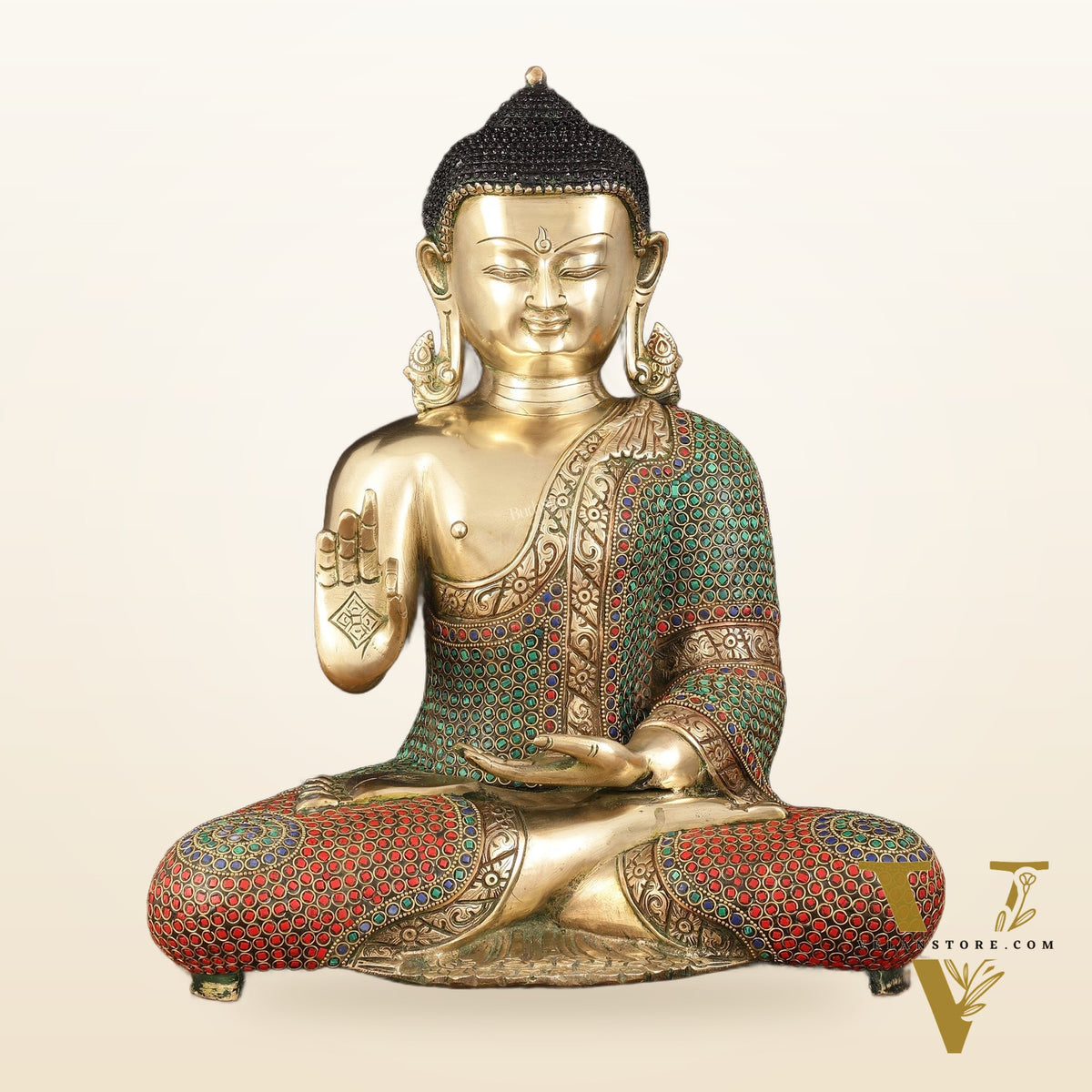 Pure Brass Lord Buddha in Blessing Mudra with Meenakari Stonework - Handcrafted Statue