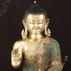 Pure Brass Lord Buddha in Blessing Mudra with Meenakari Stonework - Handcrafted Statue