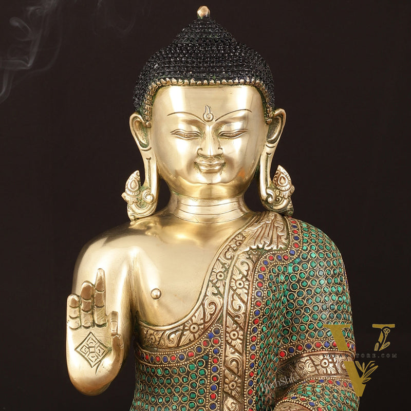 Pure Brass Lord Buddha in Blessing Mudra with Meenakari Stonework - Handcrafted Statue