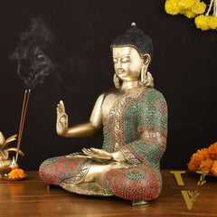 Pure Brass Lord Buddha in Blessing Mudra with Meenakari Stonework - Handcrafted Statue