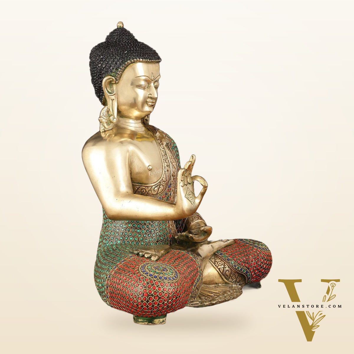 Pure Brass Lord Buddha in Blessing Mudra with Meenakari Stonework - Handcrafted Statue