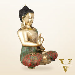Pure Brass Lord Buddha in Blessing Mudra with Meenakari Stonework - Handcrafted Statue