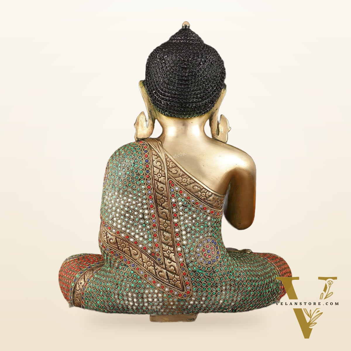 Pure Brass Lord Buddha in Blessing Mudra with Meenakari Stonework - Handcrafted Statue