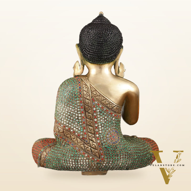 Pure Brass Lord Buddha in Blessing Mudra with Meenakari Stonework - Handcrafted Statue