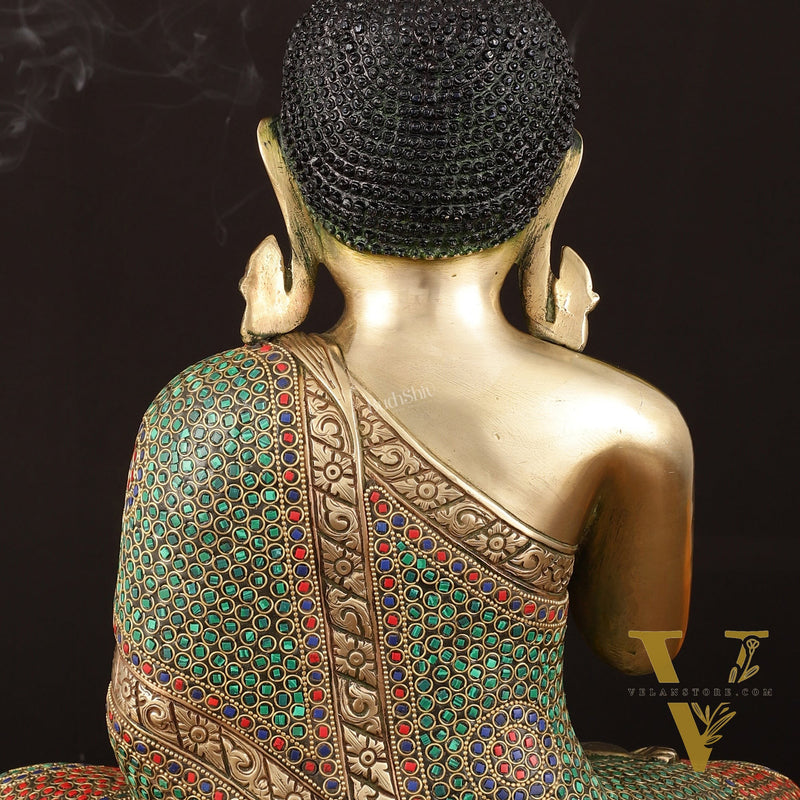Pure Brass Lord Buddha in Blessing Mudra with Meenakari Stonework - Handcrafted Statue