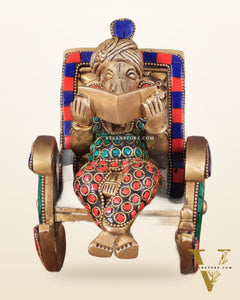 Pure Brass Lord Ganapati Seated on a Swinging Chair Idol Showpiece 6.5" with stonework