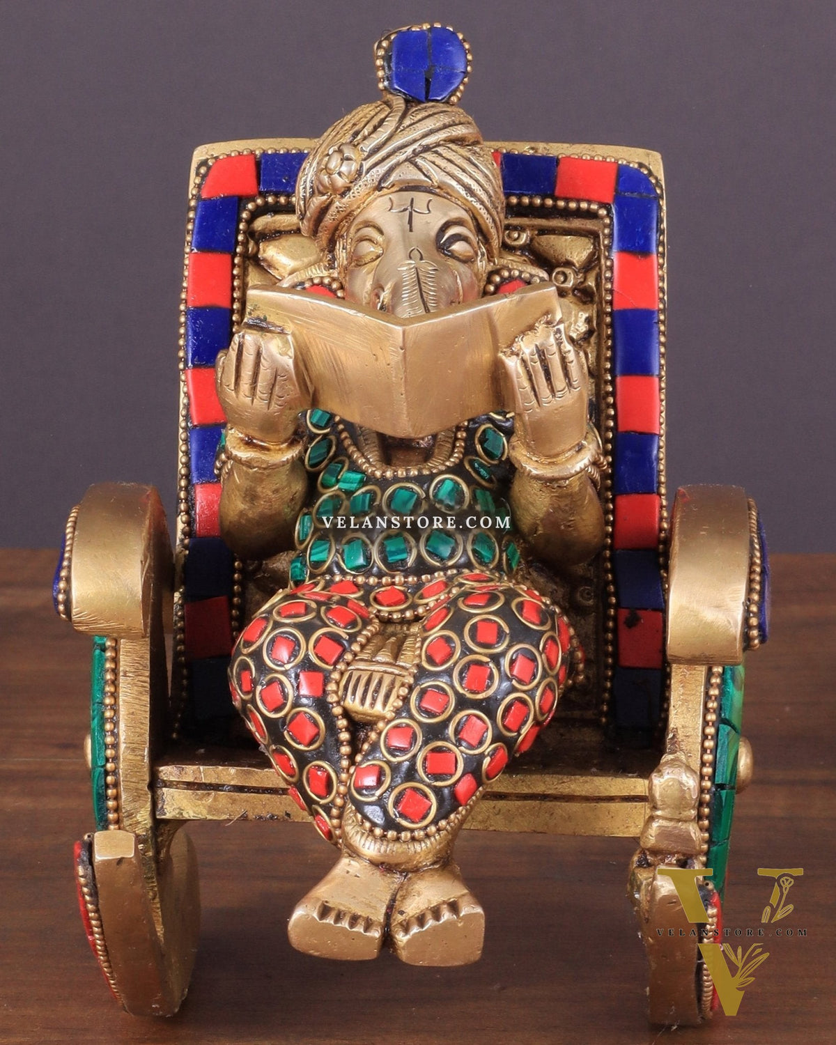 Pure Brass Lord Ganapati Seated on a Swinging Chair Idol Showpiece 6.5" with stonework