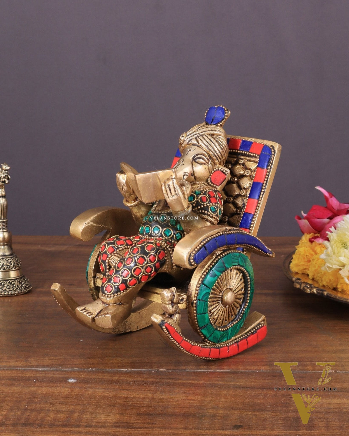 Pure Brass Lord Ganapati Seated on a Swinging Chair Idol Showpiece 6.5" with stonework