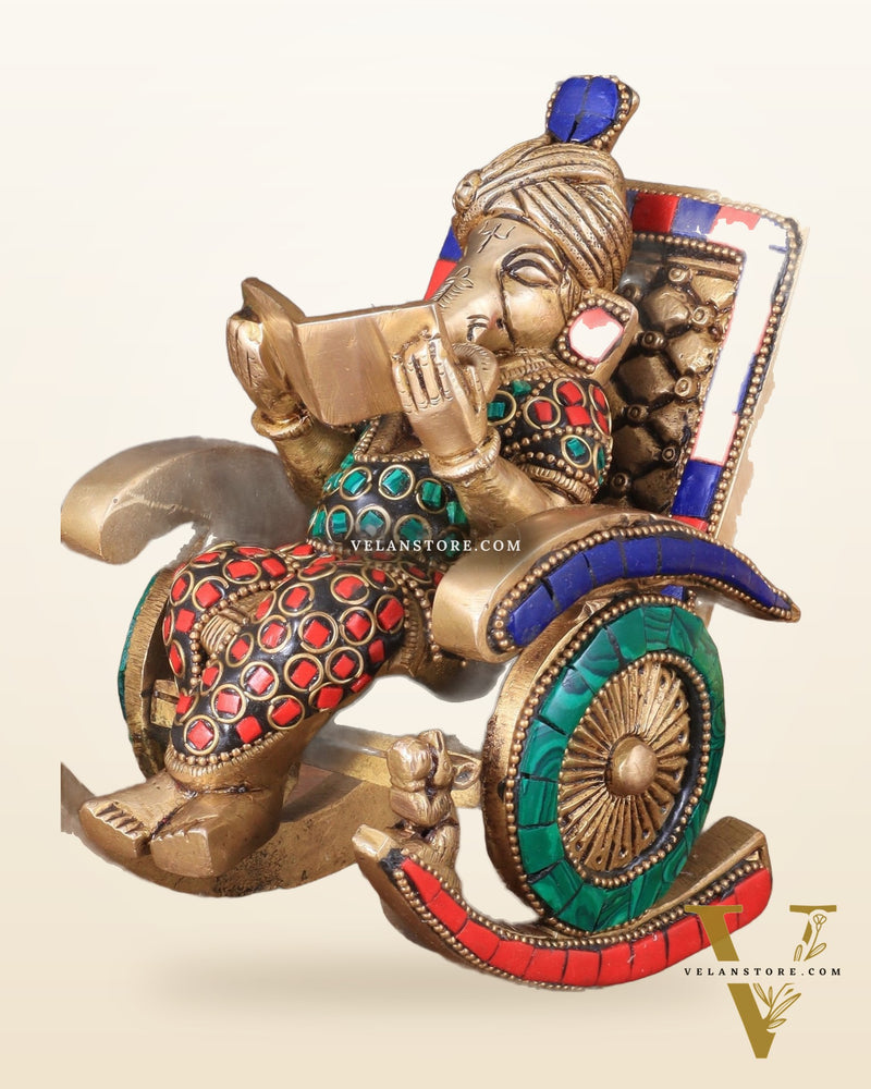 Pure Brass Lord Ganapati Seated on a Swinging Chair Idol Showpiece 6.5" with stonework