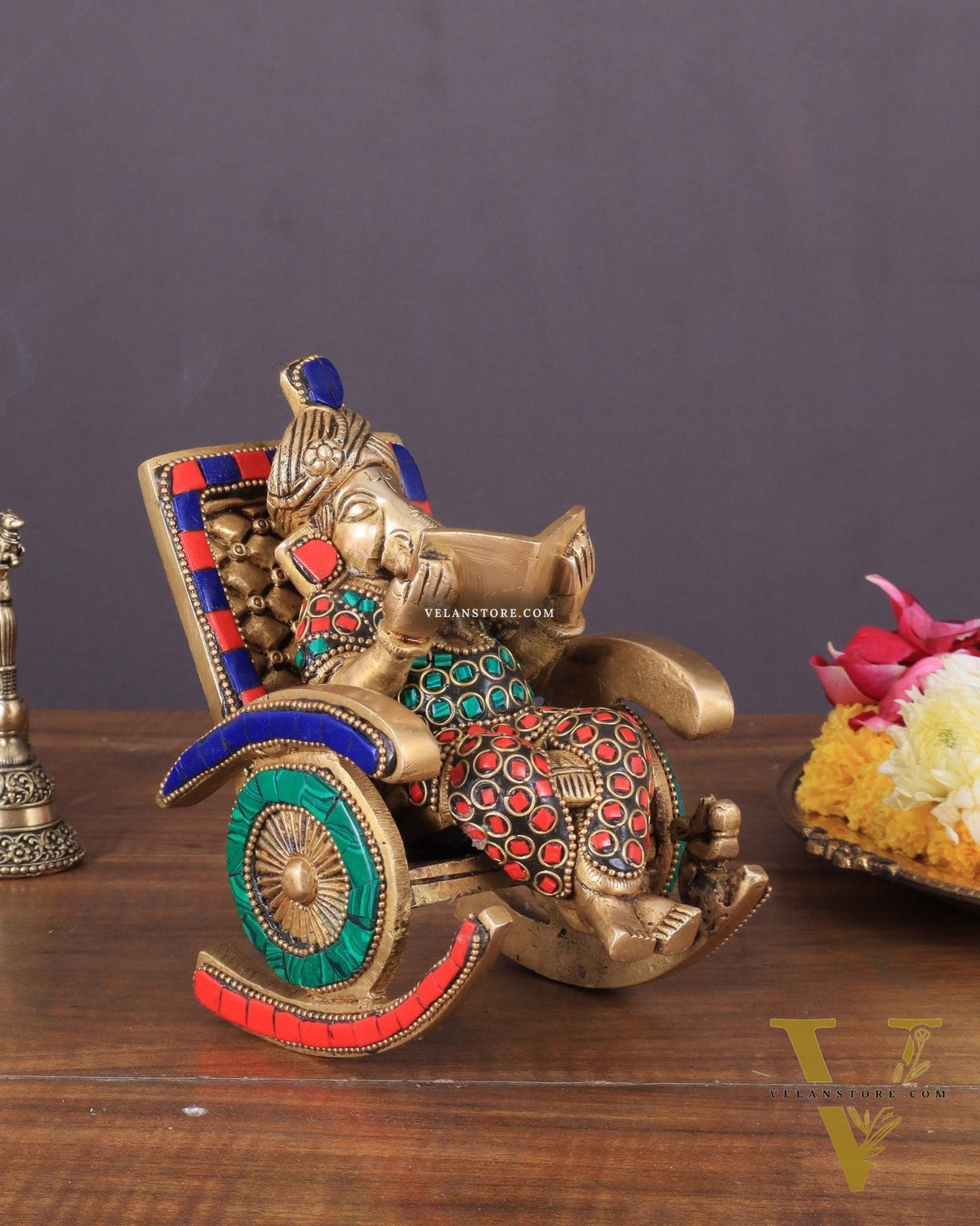 Pure Brass Lord Ganapati Seated on a Swinging Chair Idol Showpiece 6.5" with stonework