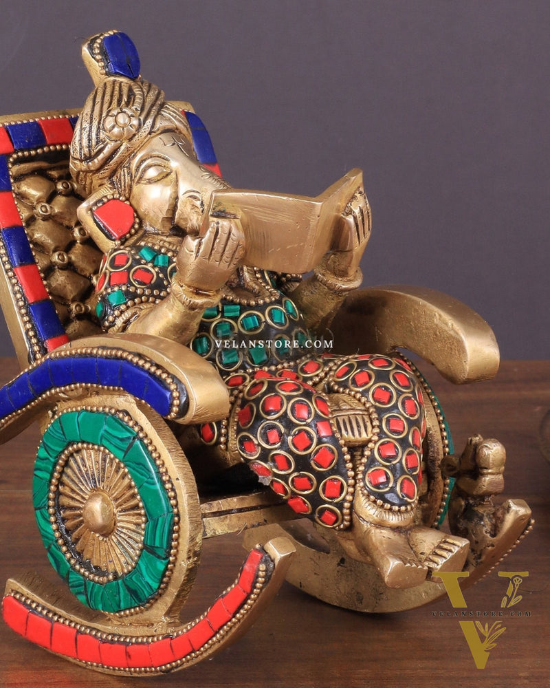 Pure Brass Lord Ganapati Seated on a Swinging Chair Idol Showpiece 6.5" with stonework