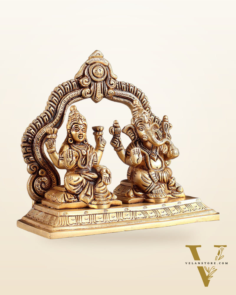 Pure Brass Lord Ganesha and Lakshmi Seated Together Idol - 5.5"
