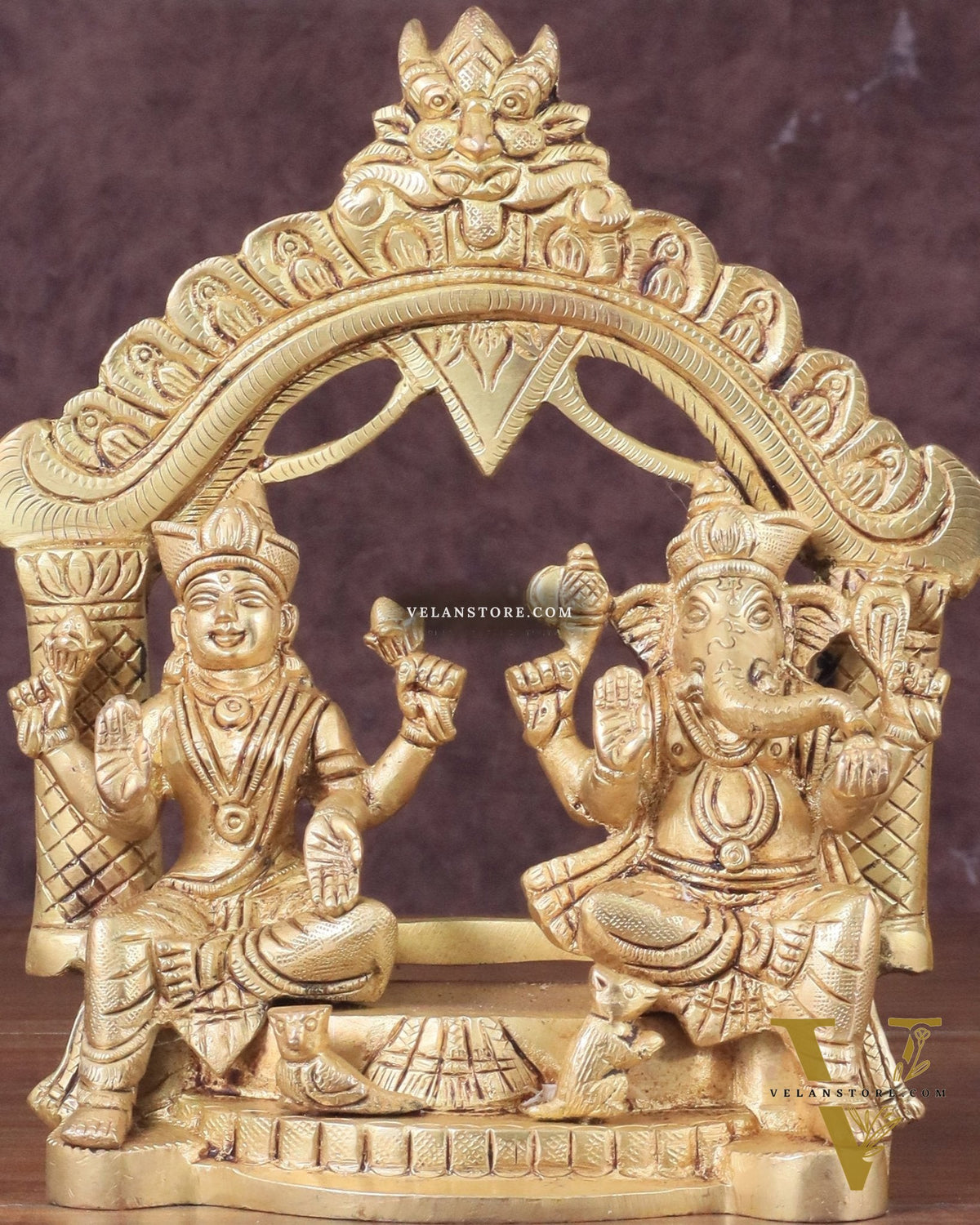 Pure Brass Lord Ganesha and Lakshmi Seated Together Statue - 7"