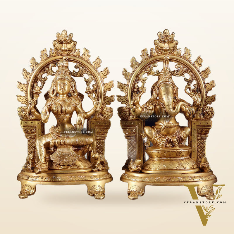 Pure Brass Lord Ganesha & Goddess Lakshmi Idol Pair with Prabhavali | 12 Inch