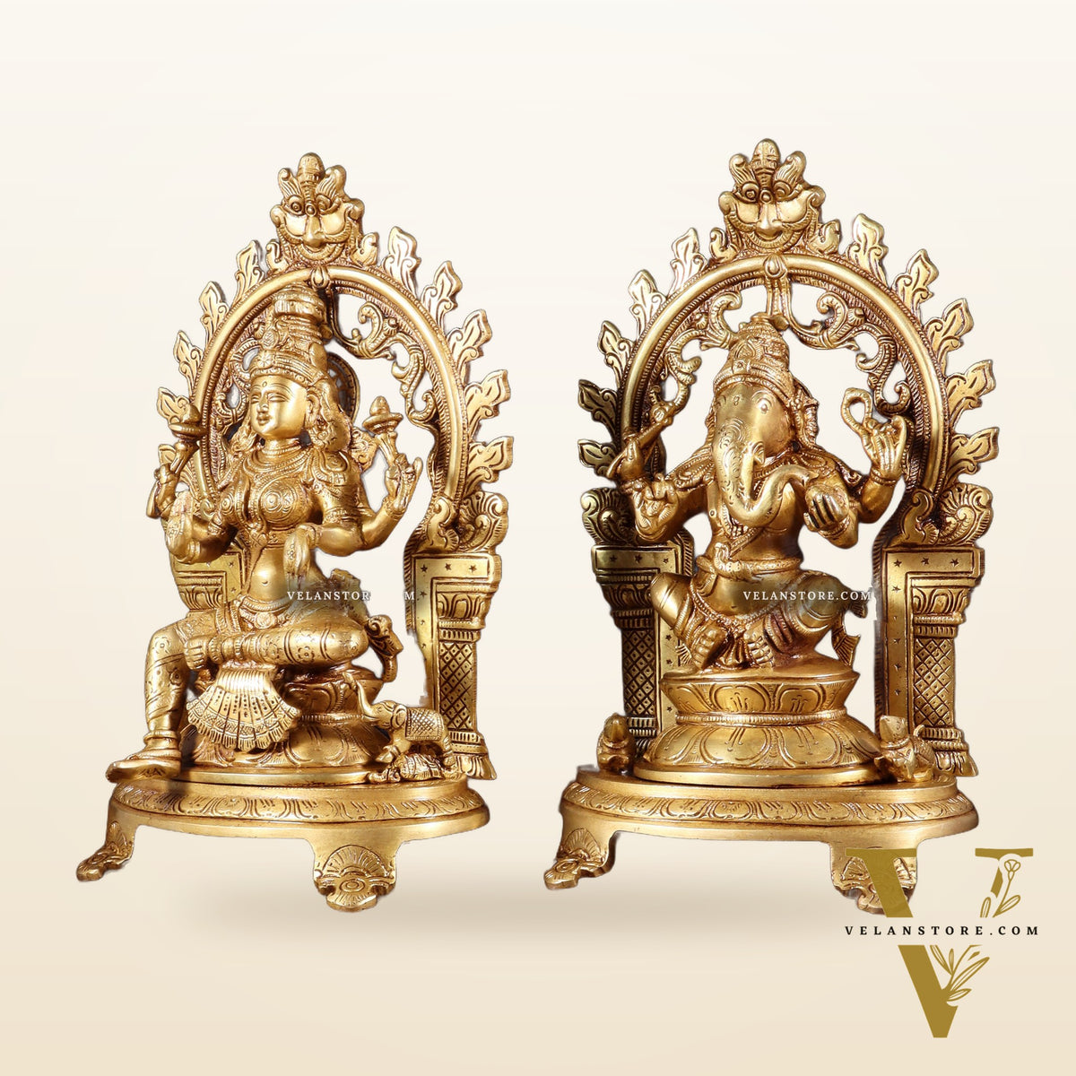 Pure Brass Lord Ganesha & Goddess Lakshmi Idol Pair with Prabhavali | 12 Inch