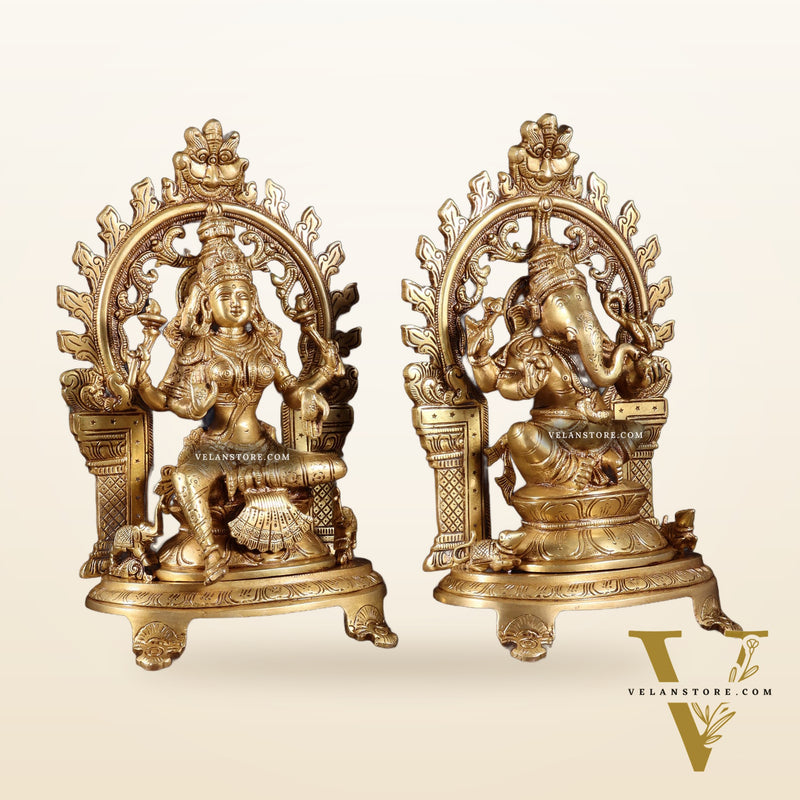 Pure Brass Lord Ganesha & Goddess Lakshmi Idol Pair with Prabhavali | 12 Inch