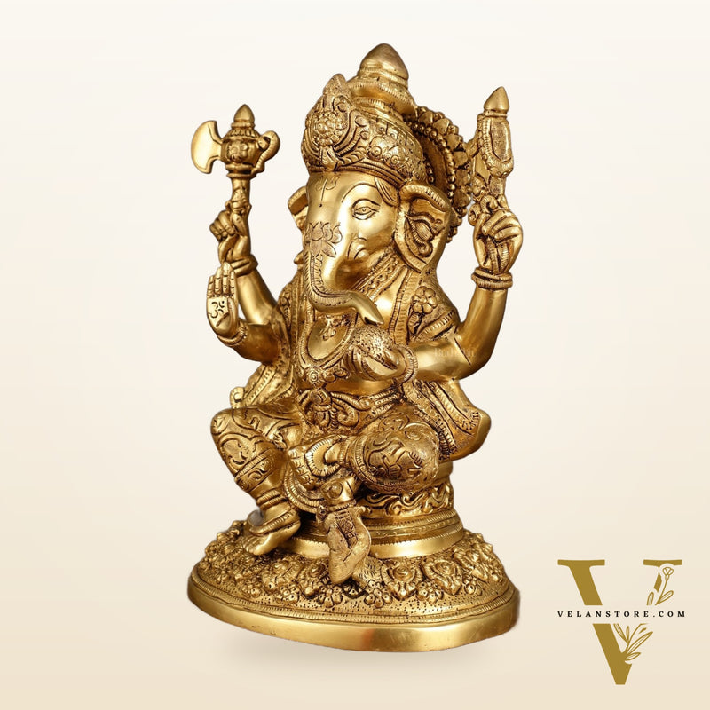 Pure Brass Lord Ganesha Highly Detailed Statue | 12 Inch
