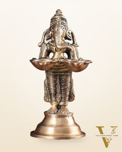 Pure Brass Lord Ganesha Holding Two Diyas small 5.5"