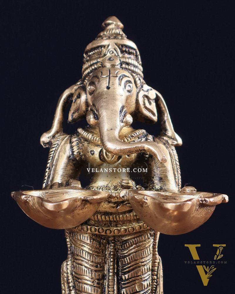 Pure Brass Lord Ganesha Holding Two Diyas small 5.5"