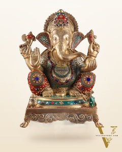 Pure Brass Lord Ganesha Idol - 18 inch Meenakari Stonework