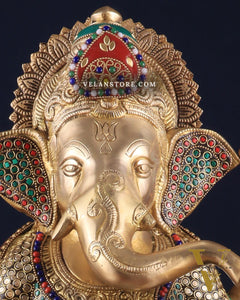 Pure Brass Lord Ganesha Idol - 18 inch Meenakari Stonework