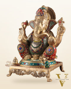 Pure Brass Lord Ganesha Idol - 18 inch Meenakari Stonework