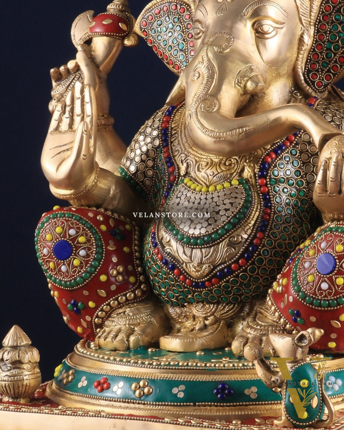 Pure Brass Lord Ganesha Idol - 18 inch Meenakari Stonework