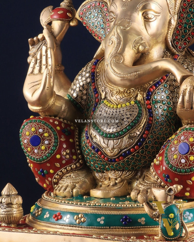 Pure Brass Lord Ganesha Idol - 18 inch Meenakari Stonework