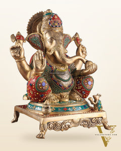 Pure Brass Lord Ganesha Idol - 18 inch Meenakari Stonework